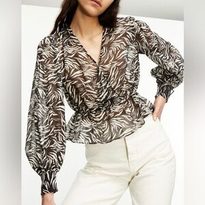 The Kooples Flowing Black and White Zebra Print Sheer V Neck‎ Blouse Size Medium